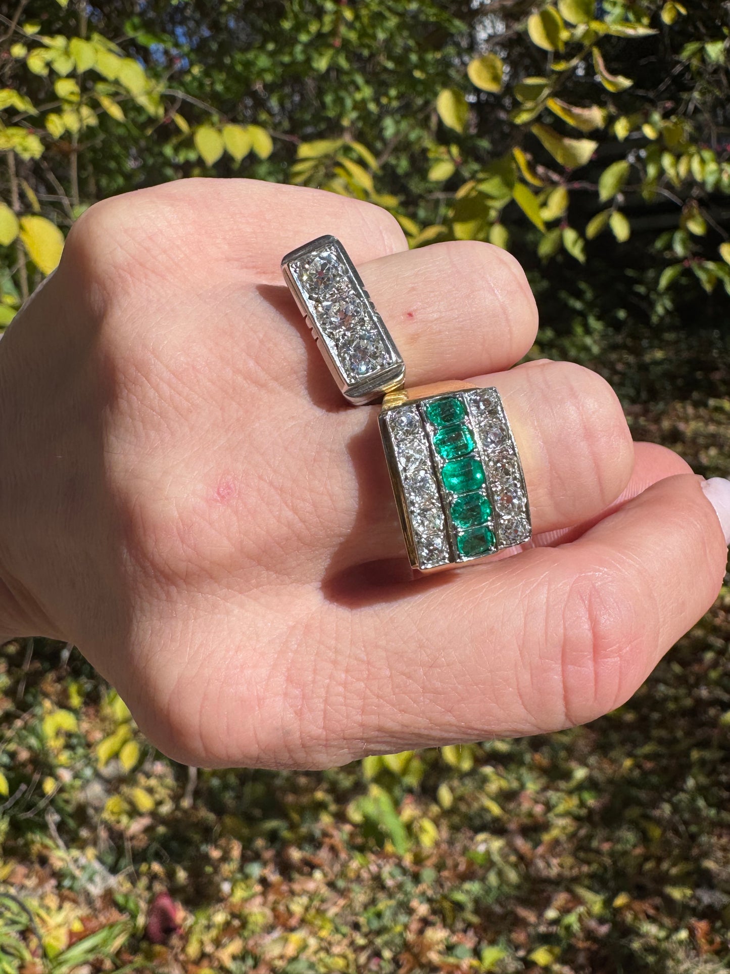 Antique Emerald and Old Mine Cut Diamond Three Row Ring