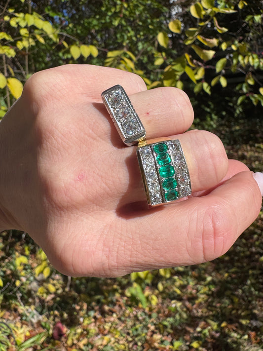 Antique Emerald and Old Mine Cut Diamond Three Row Ring