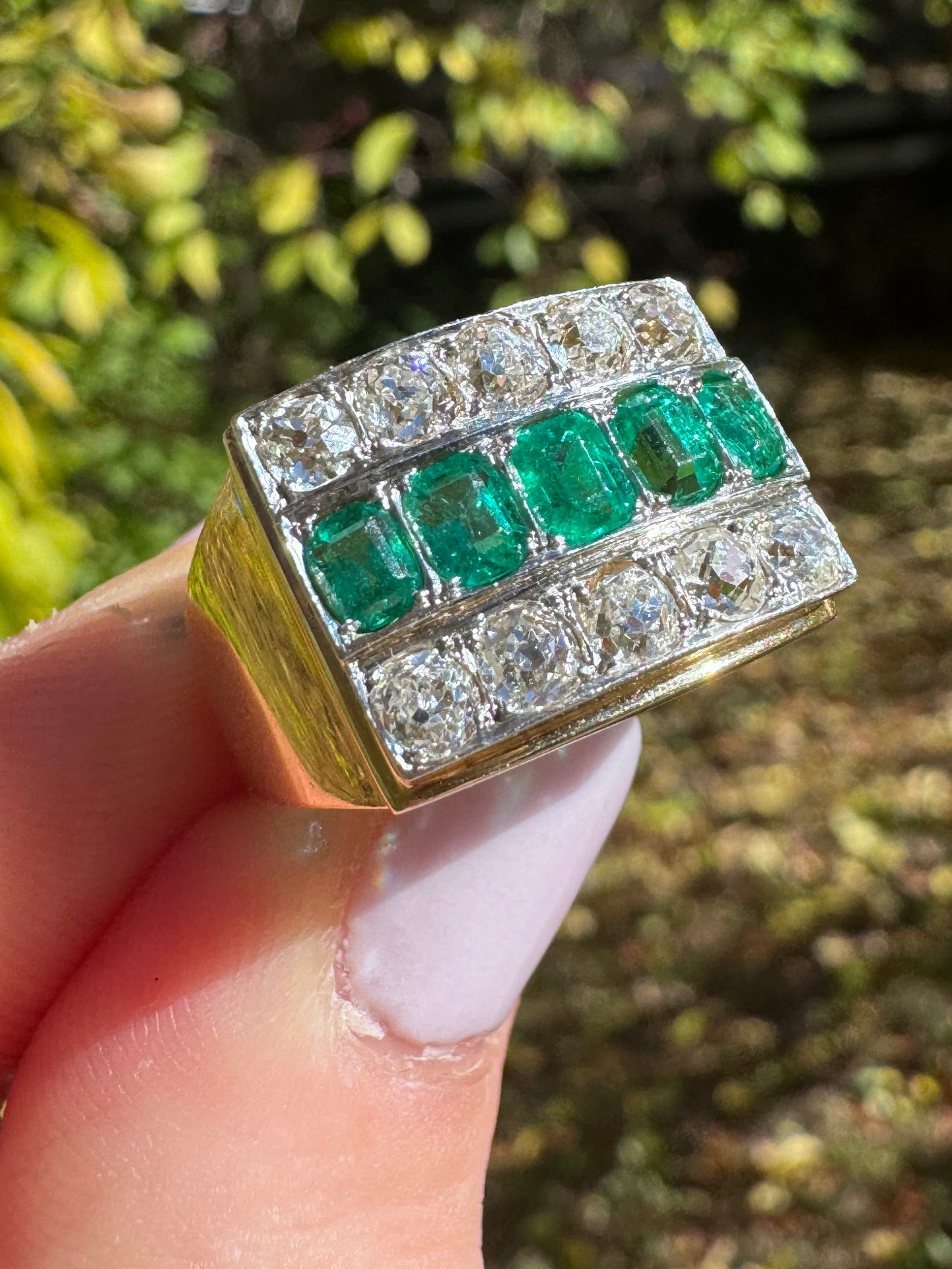 Antique Emerald and Old Mine Cut Diamond Three Row Ring
