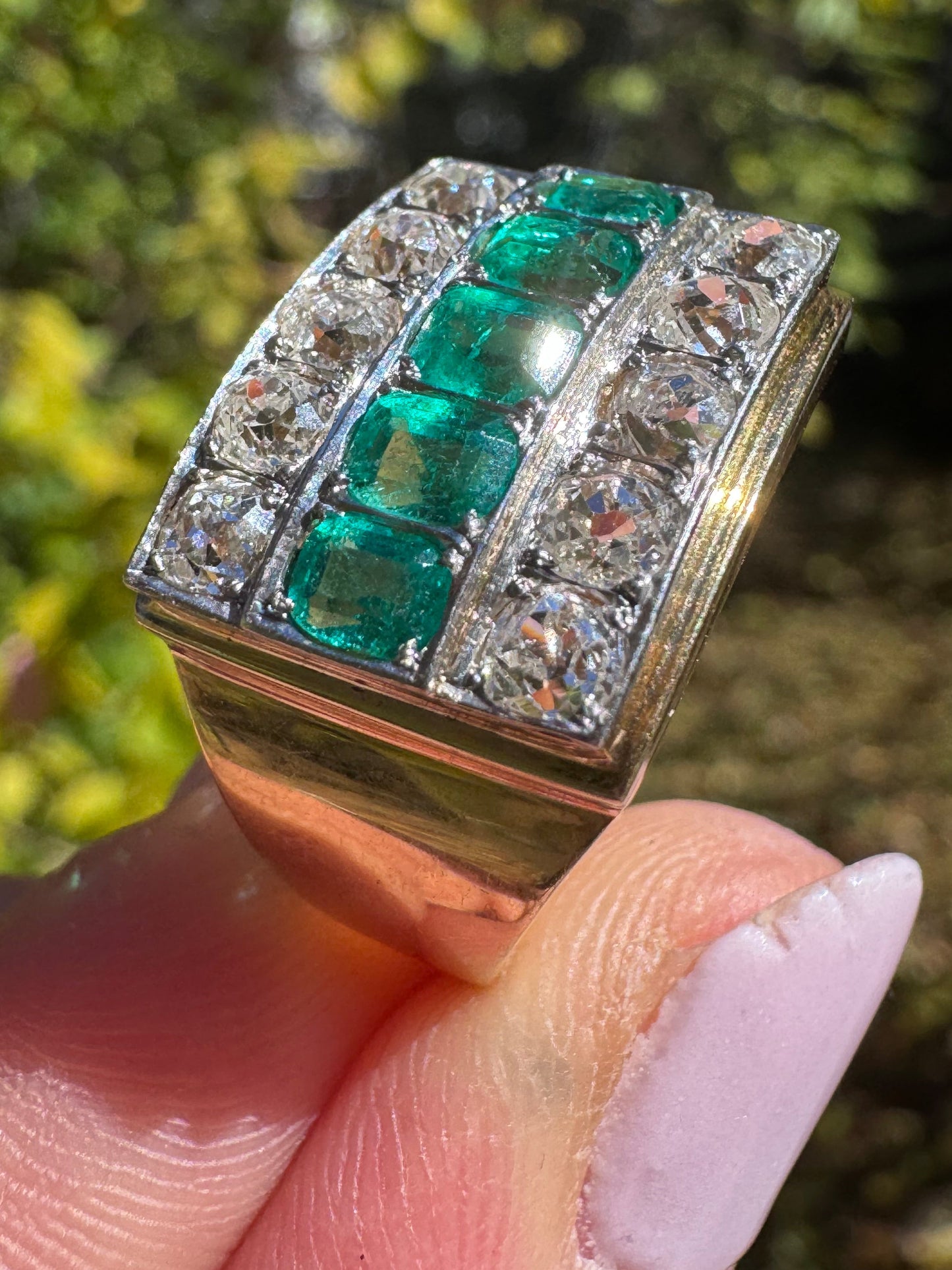 Antique Emerald and Old Mine Cut Diamond Three Row Ring