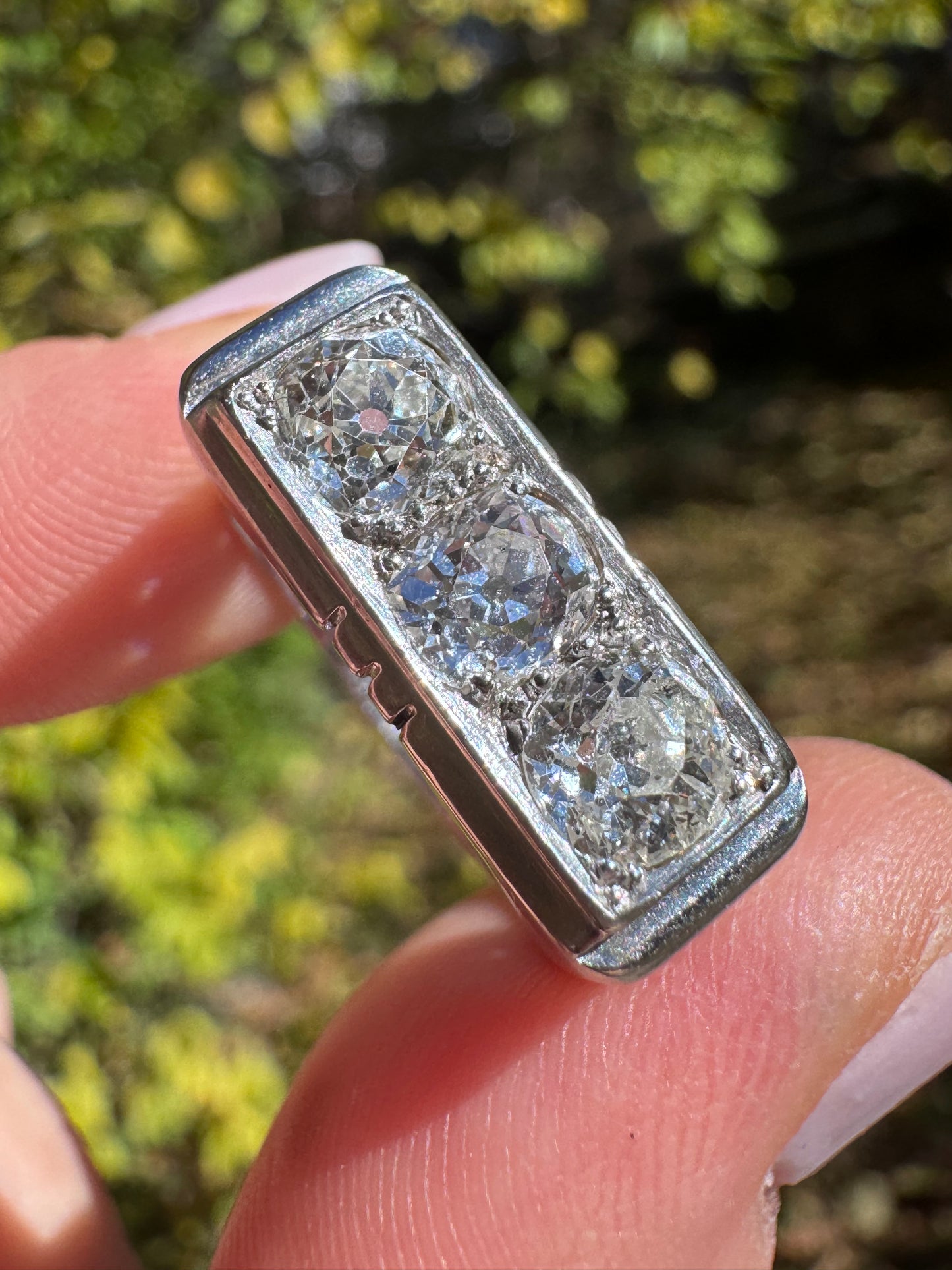 Three Stone Old Mine Cut Diamond Ring