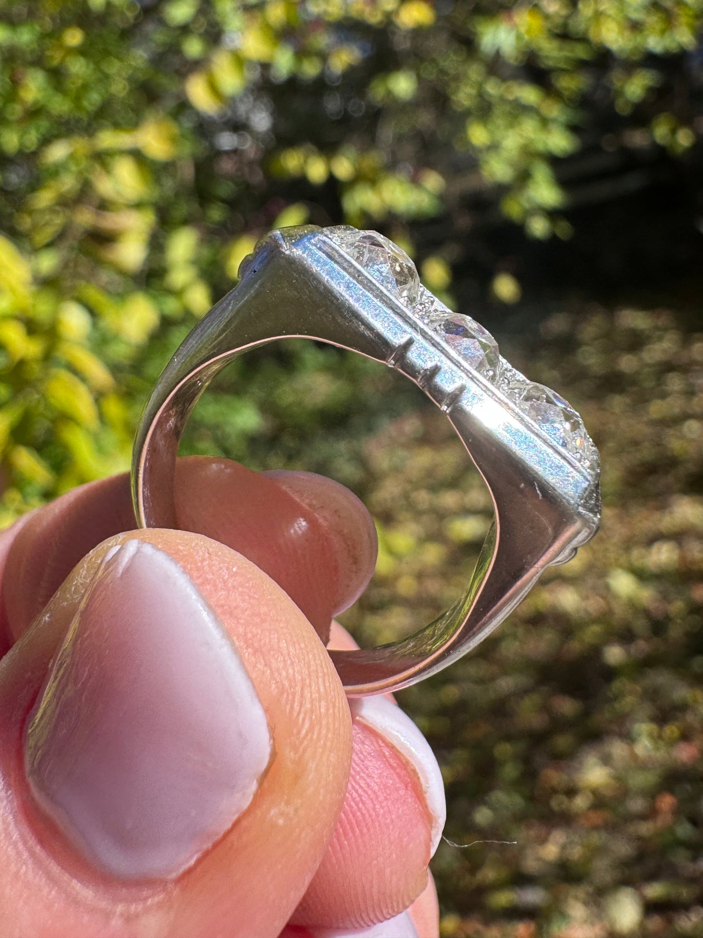 Three Stone Old Mine Cut Diamond Ring