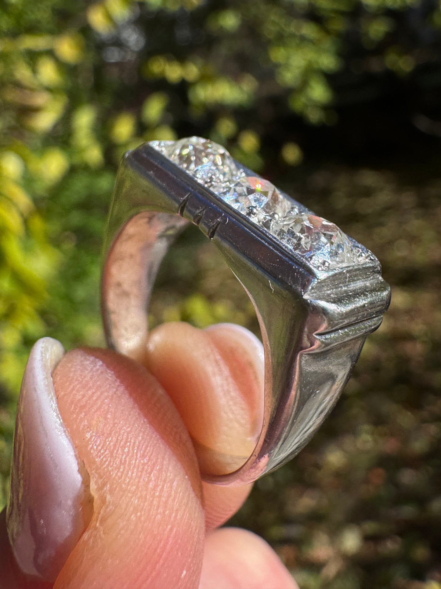 Three Stone Old Mine Cut Diamond Ring