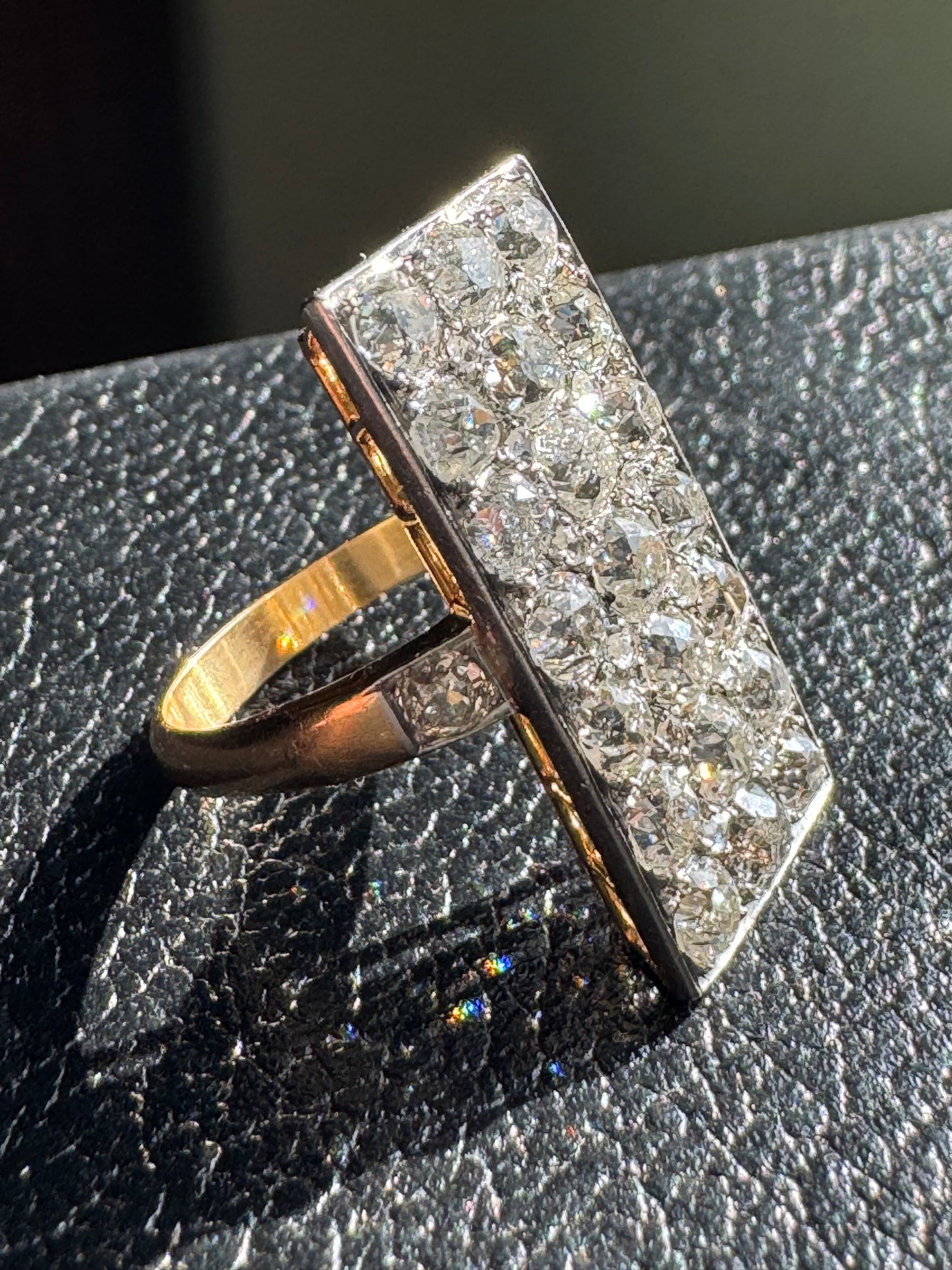 Antique French Old Mine Cut Diamond, Platinum and 18k Yellow Gold Plaque Ring