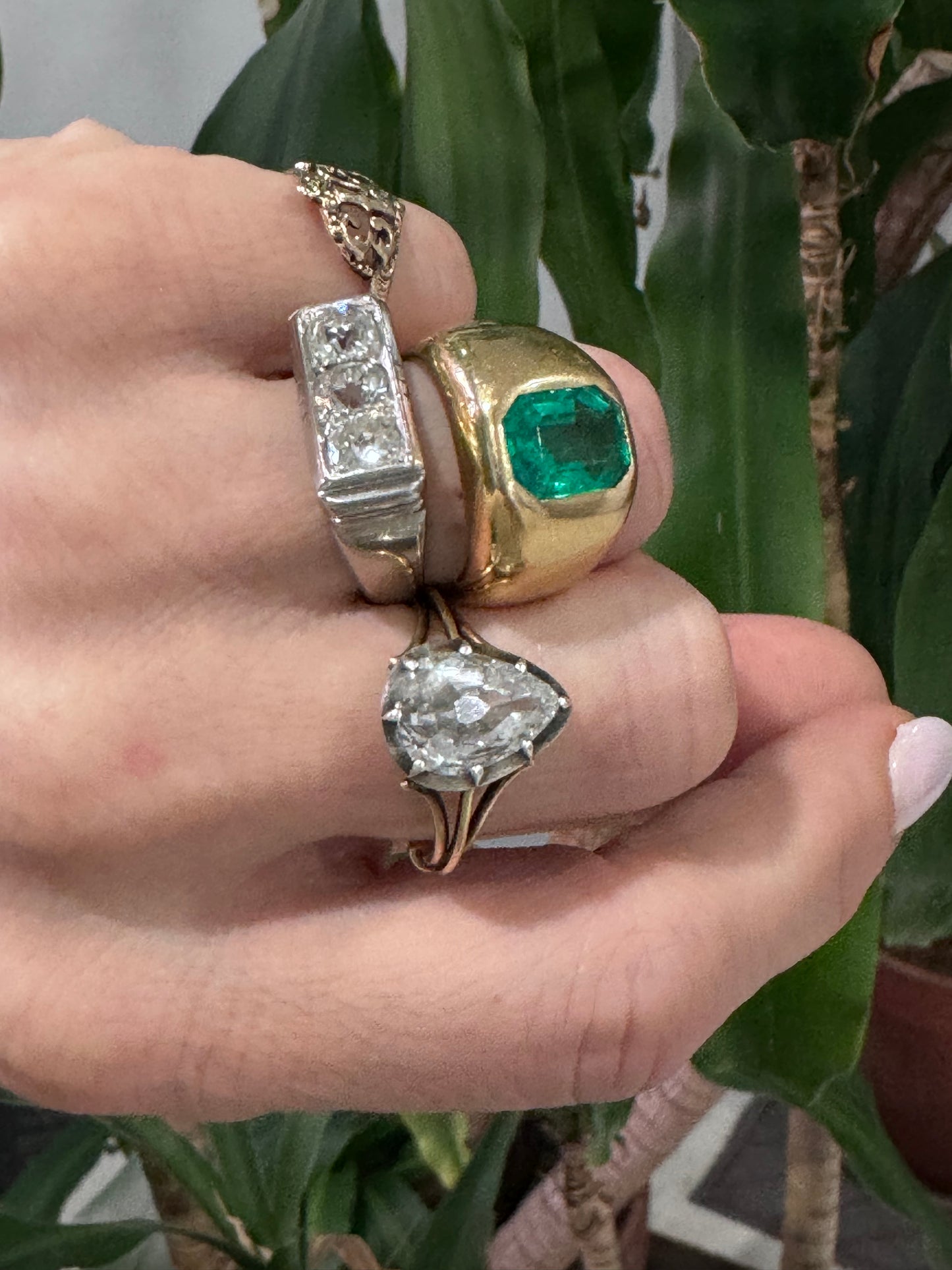 Three Stone Old Mine Cut Diamond Ring