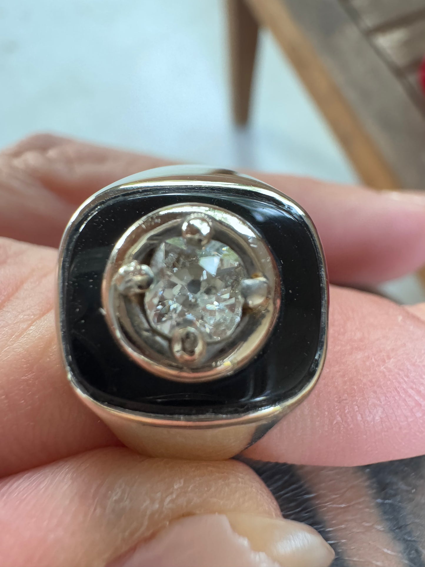 Vintage Old Mine Cut Diamond and Onyx Ring