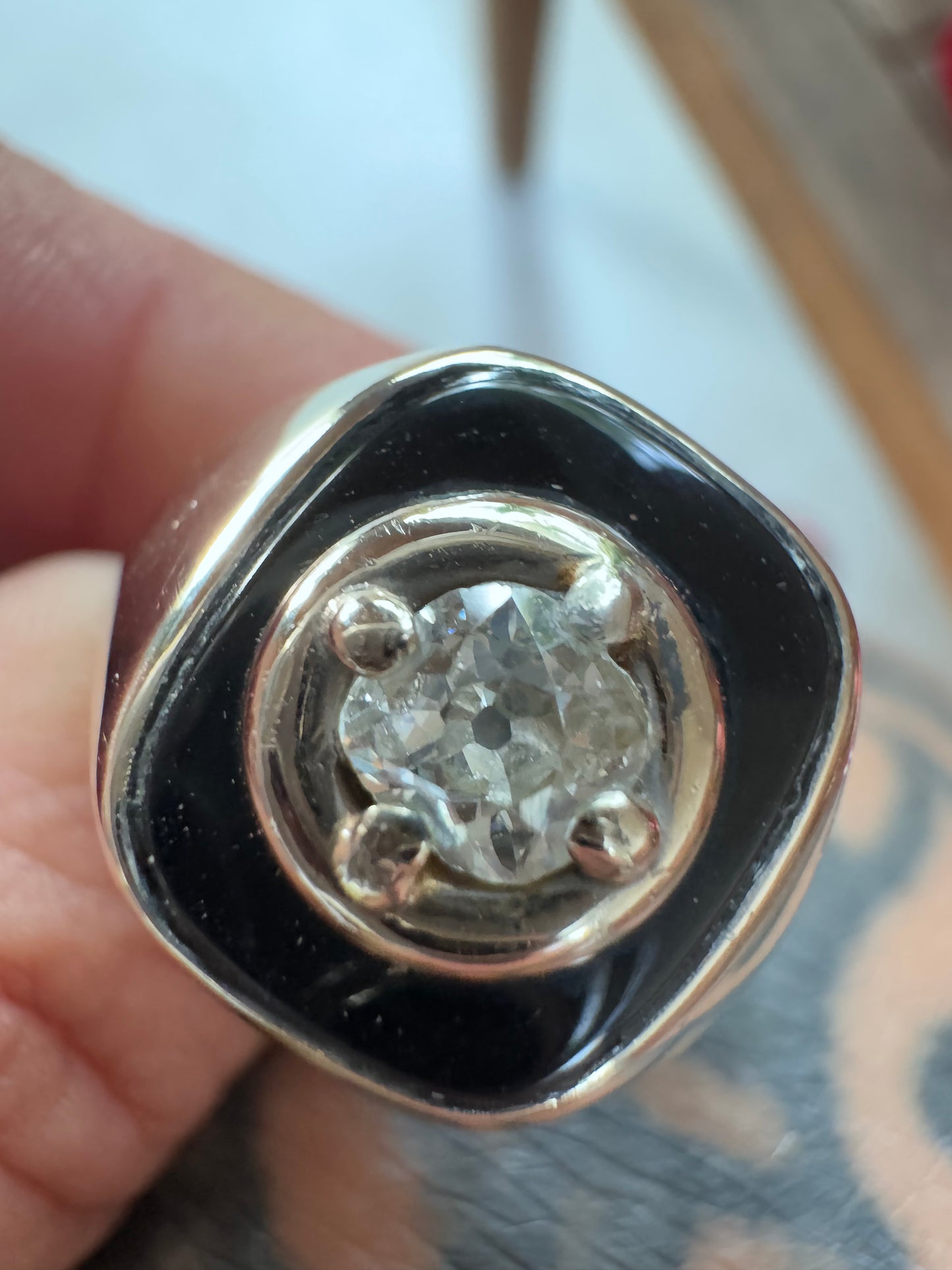 Vintage Old Mine Cut Diamond and Onyx Ring