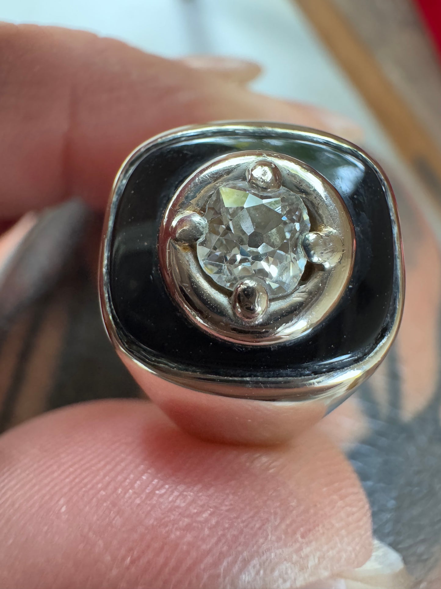 Vintage Old Mine Cut Diamond and Onyx Ring