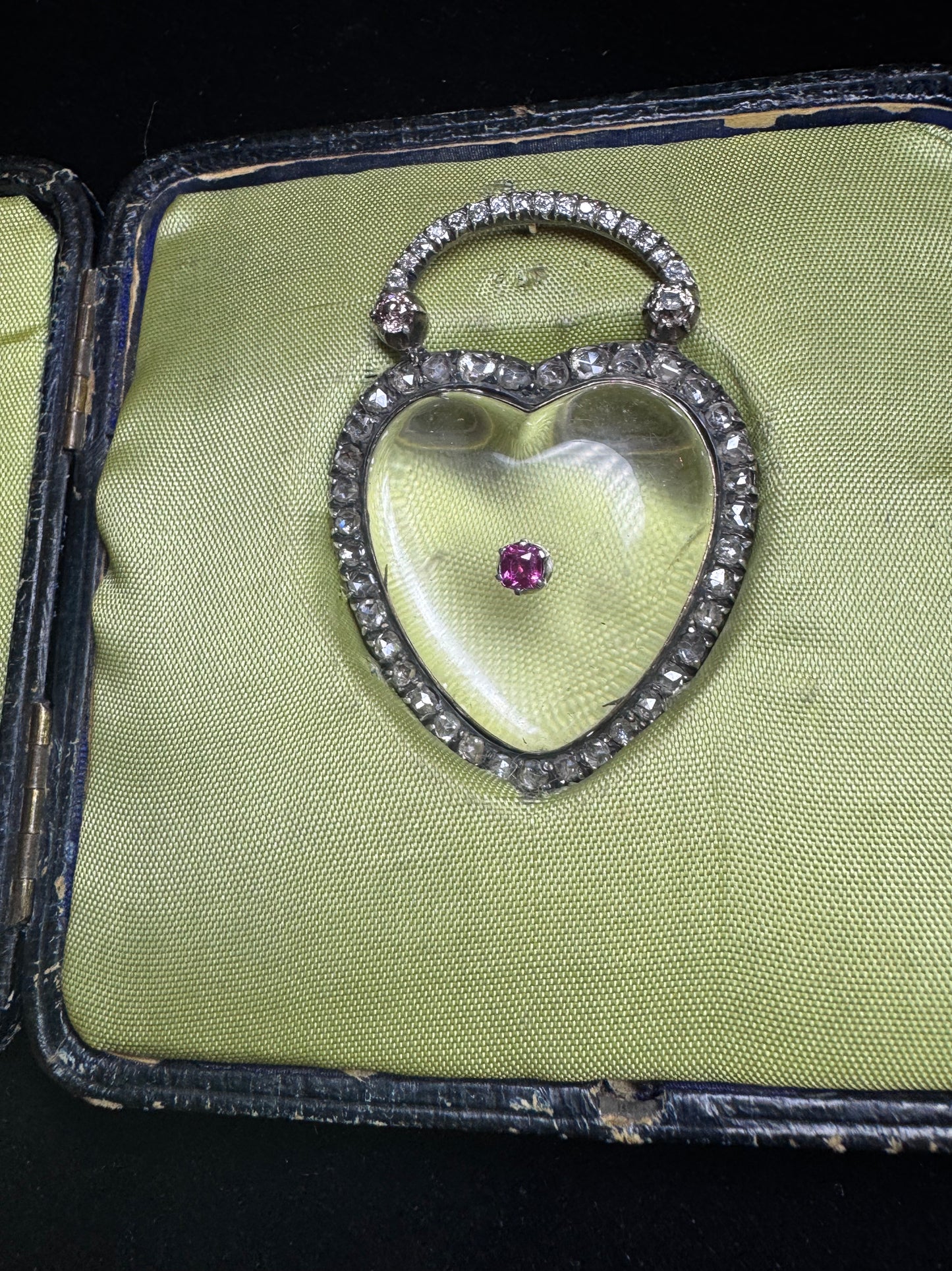 Georgian Rock Crystal Ruby and Diamond Heart Padlock Brooch Pendant