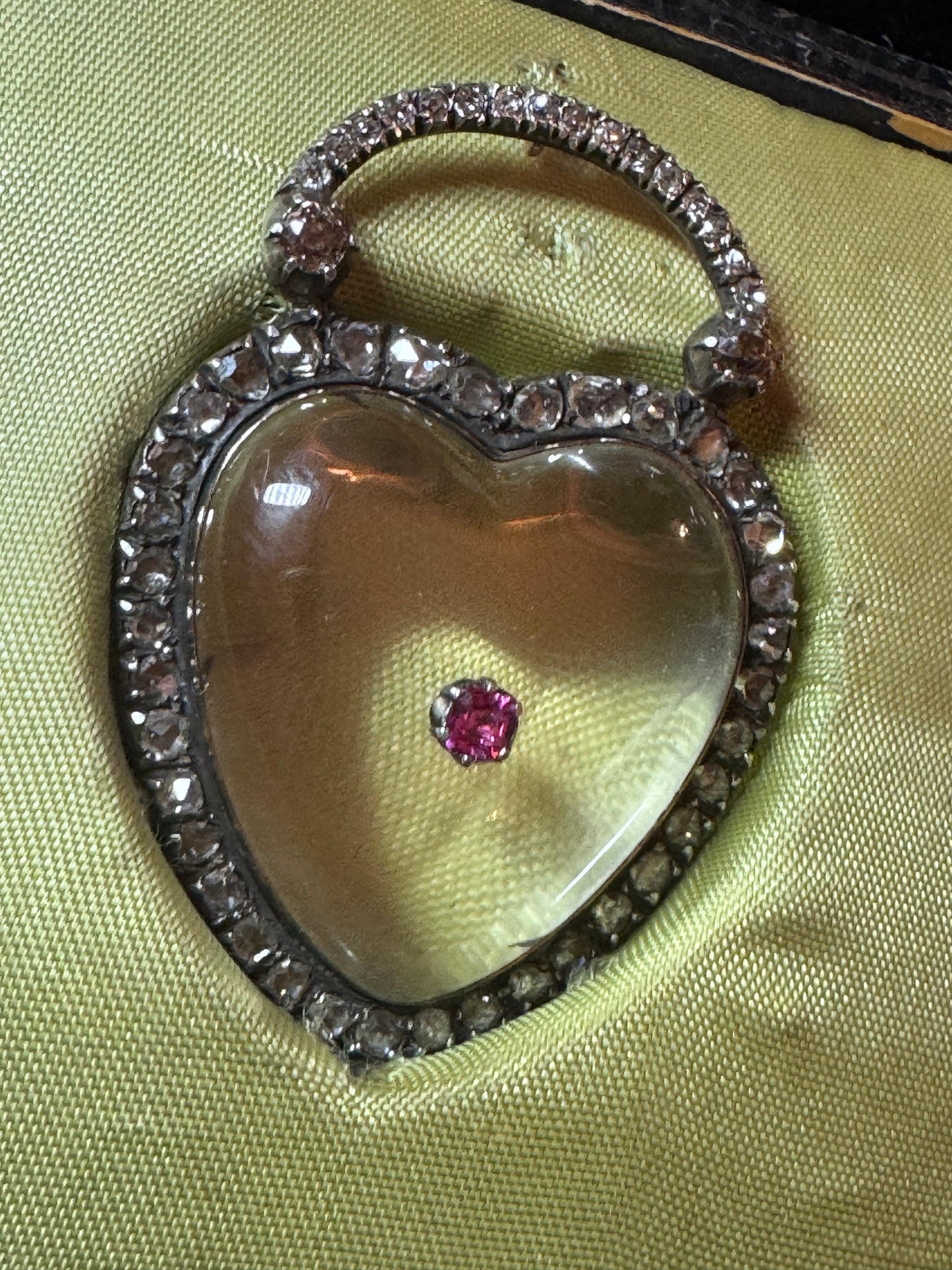 Georgian Rock Crystal Ruby and Diamond Heart Padlock Brooch Pendant