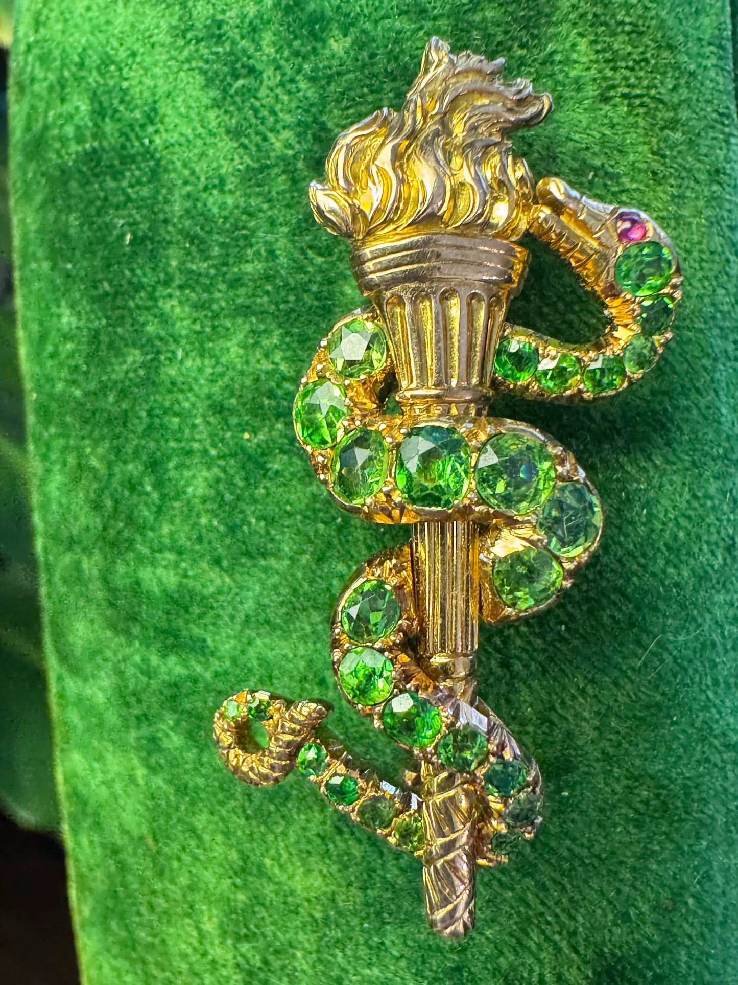 Victorian Demantoid Garnet Snake Torch Brooch
