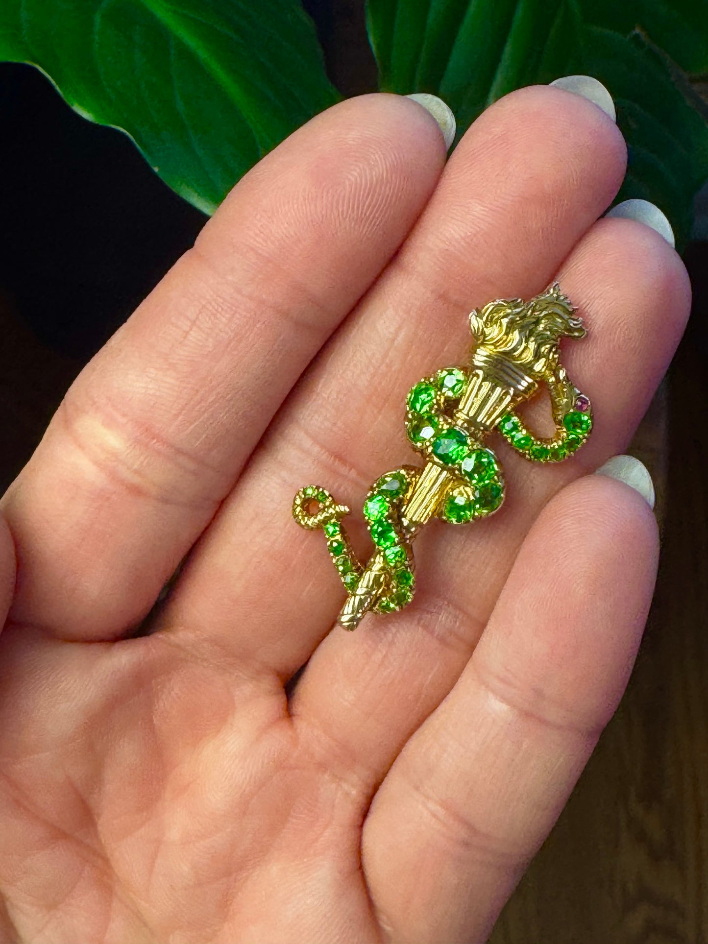 Victorian Demantoid Garnet Snake Torch Brooch