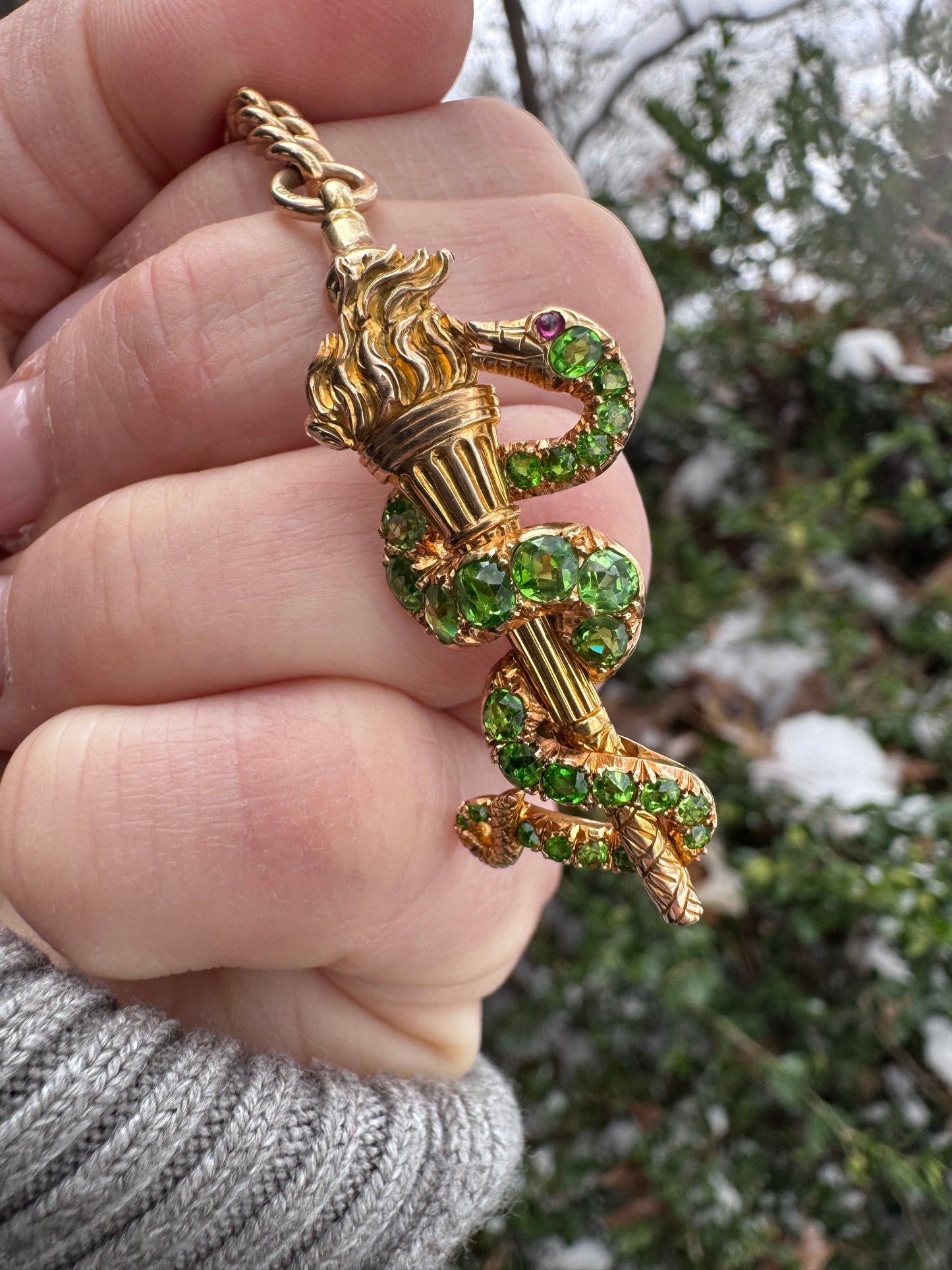 Victorian Demantoid Garnet Snake Torch Brooch