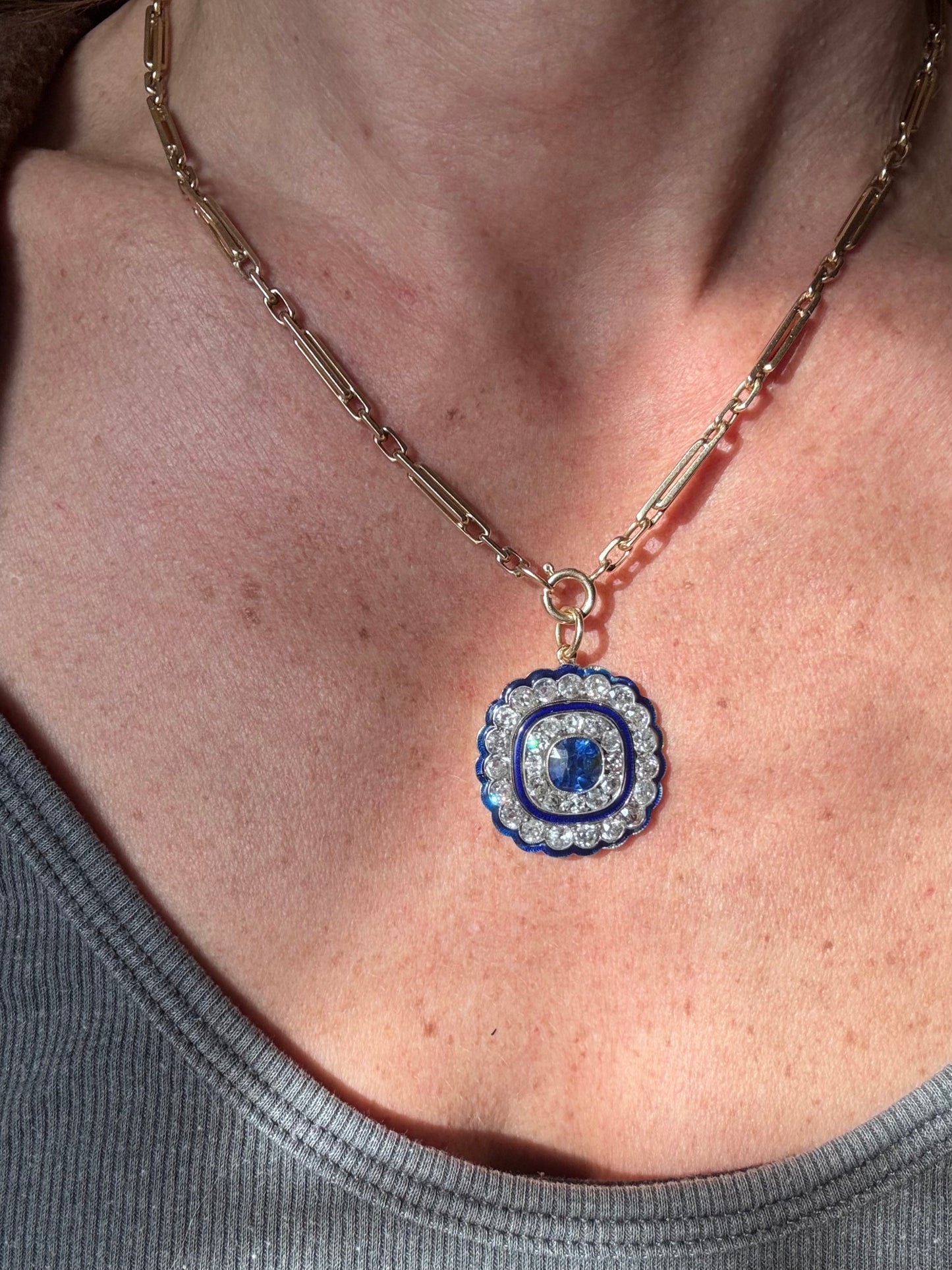 Art Deco Sapphire and Diamond Cluster Pendant