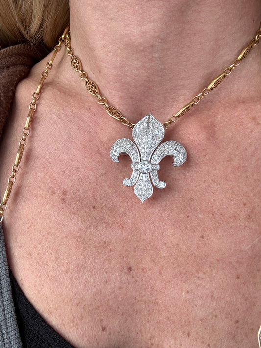 Mid Centrury Fleur-de-lis Diamond Brooch Pendant