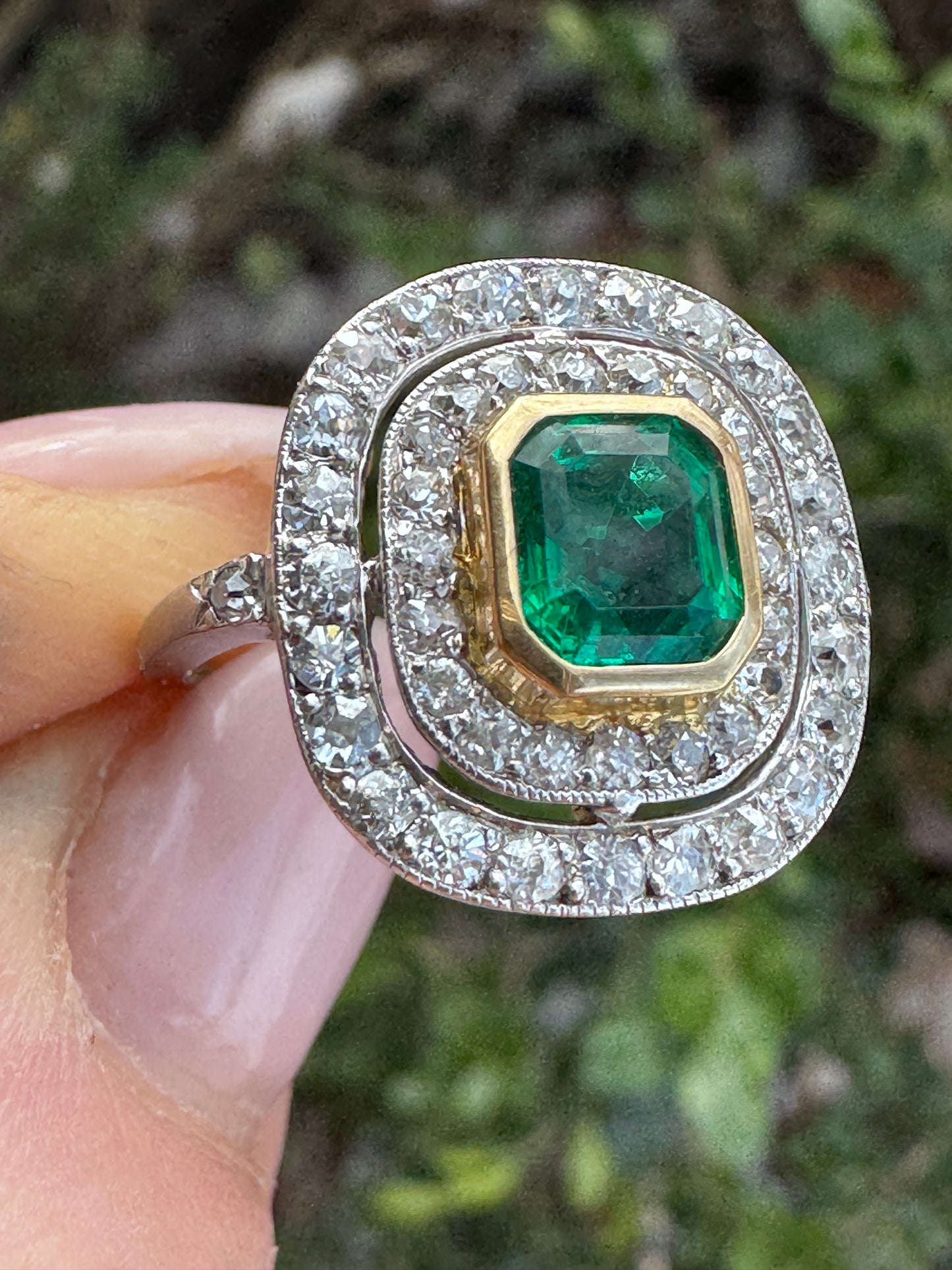 Art Deco Emerald and Diamond Cluster Ring