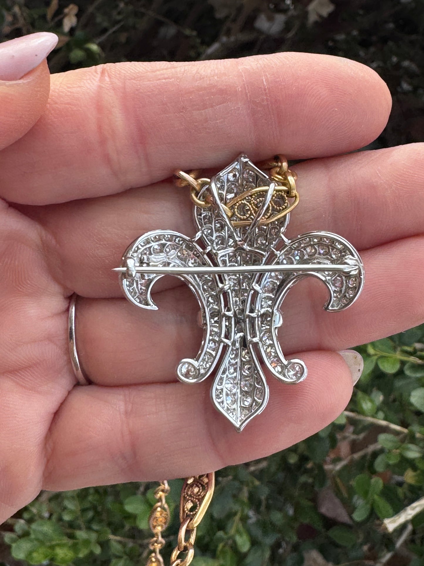 Mid Centrury Fleur-de-lis Diamond Brooch Pendant