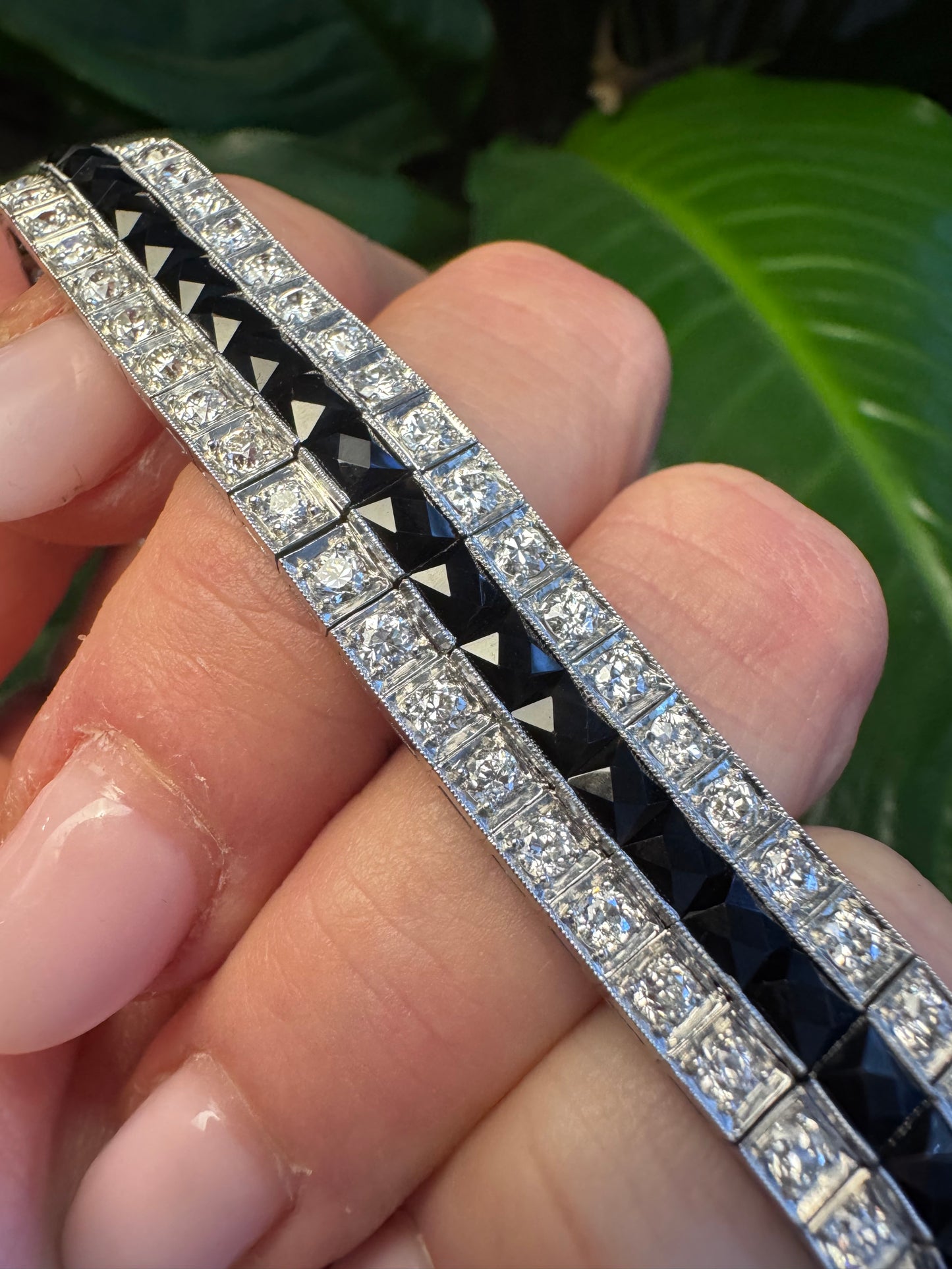 Art Deco Mixed Antique Cut Diamond and Onyx Line Bracelet