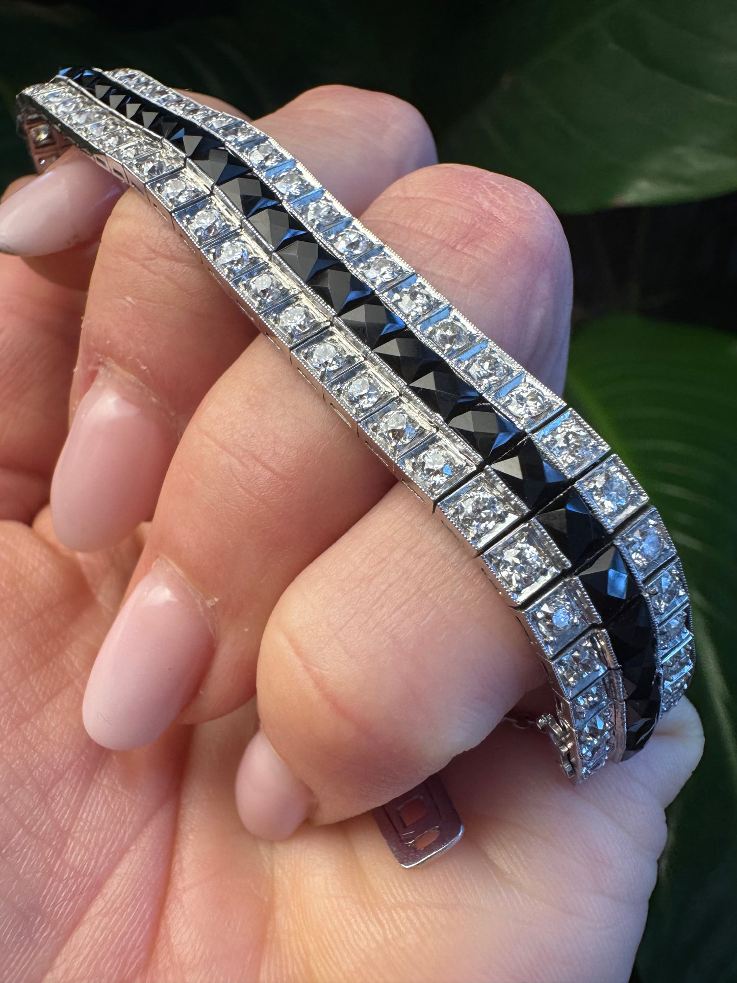 Art Deco Mixed Antique Cut Diamond and Onyx Line Bracelet