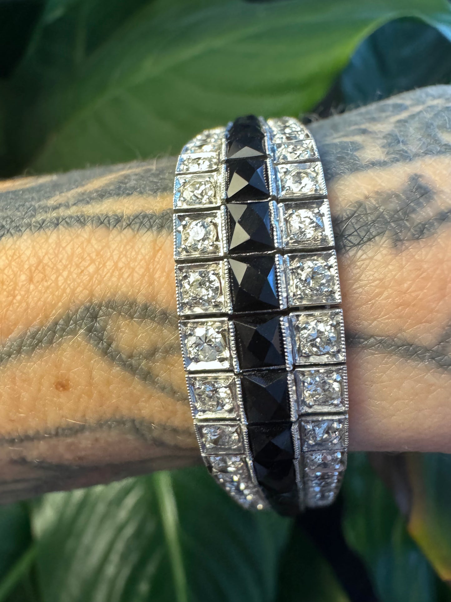 Art Deco Mixed Antique Cut Diamond and Onyx Line Bracelet