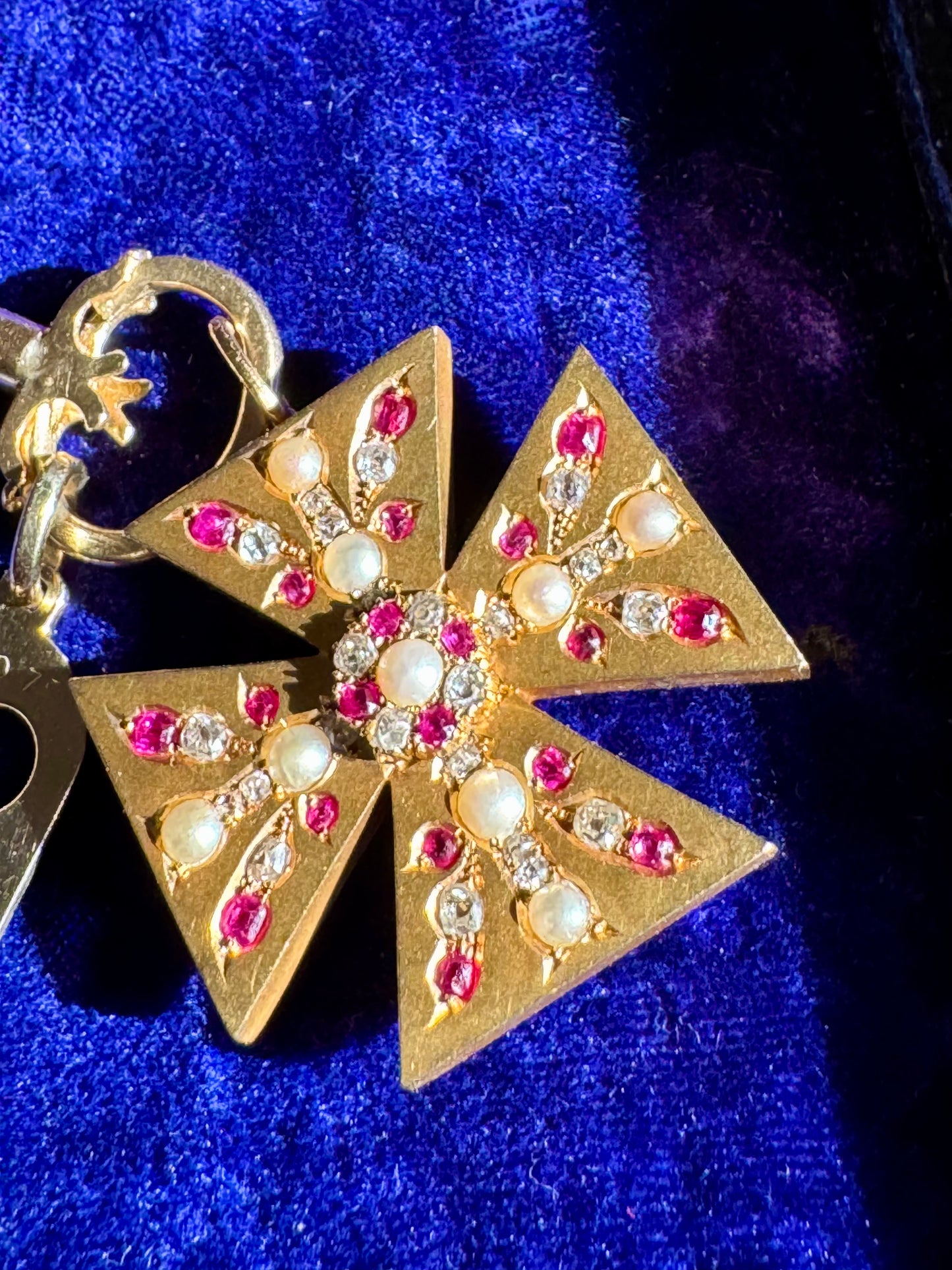 Victorian 15ct Gold, Ruby, Diamond and Pearl Maltese Cross Pendant