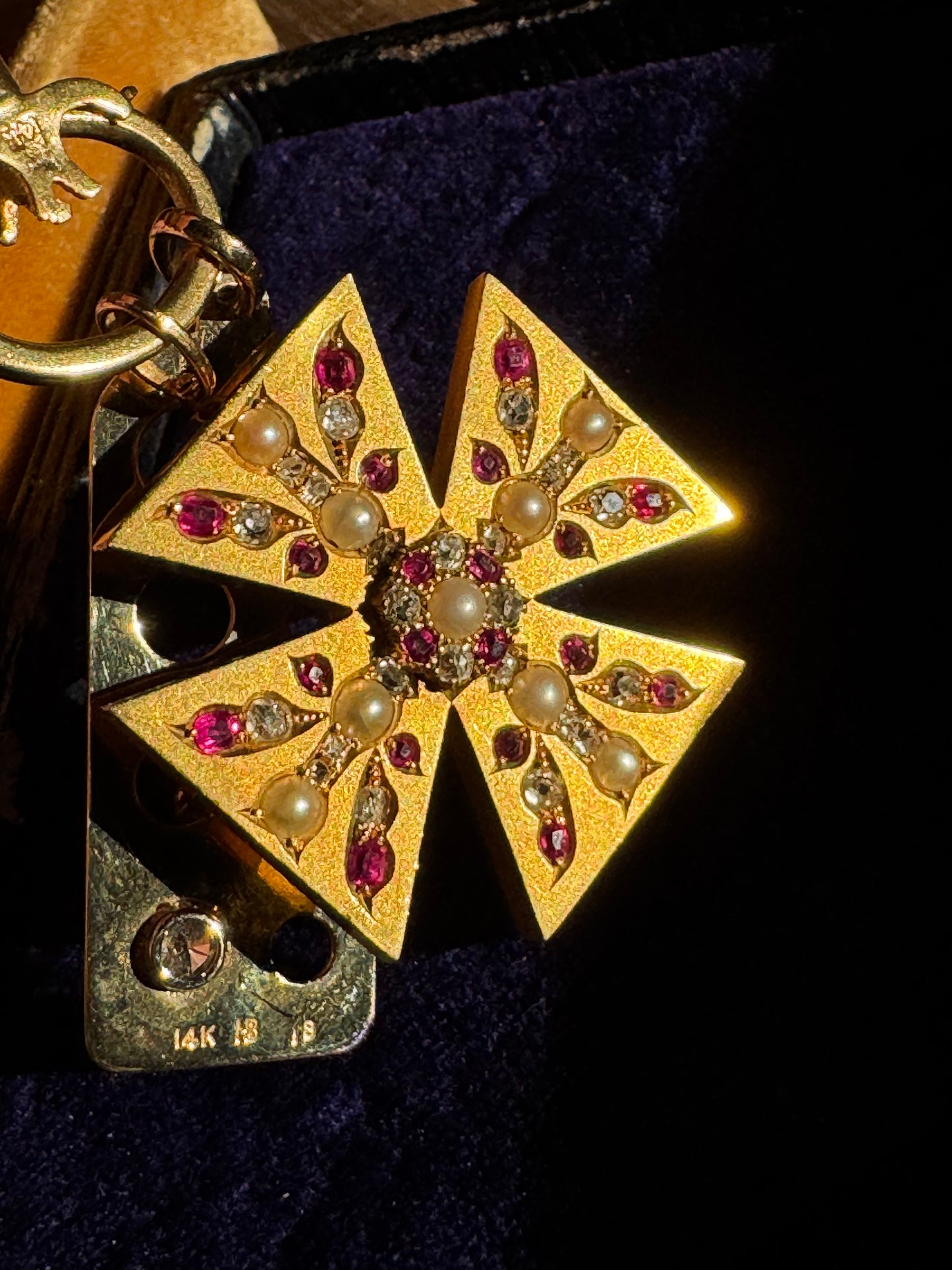 Victorian 15ct Gold, Ruby, Diamond and Pearl Maltese Cross Pendant