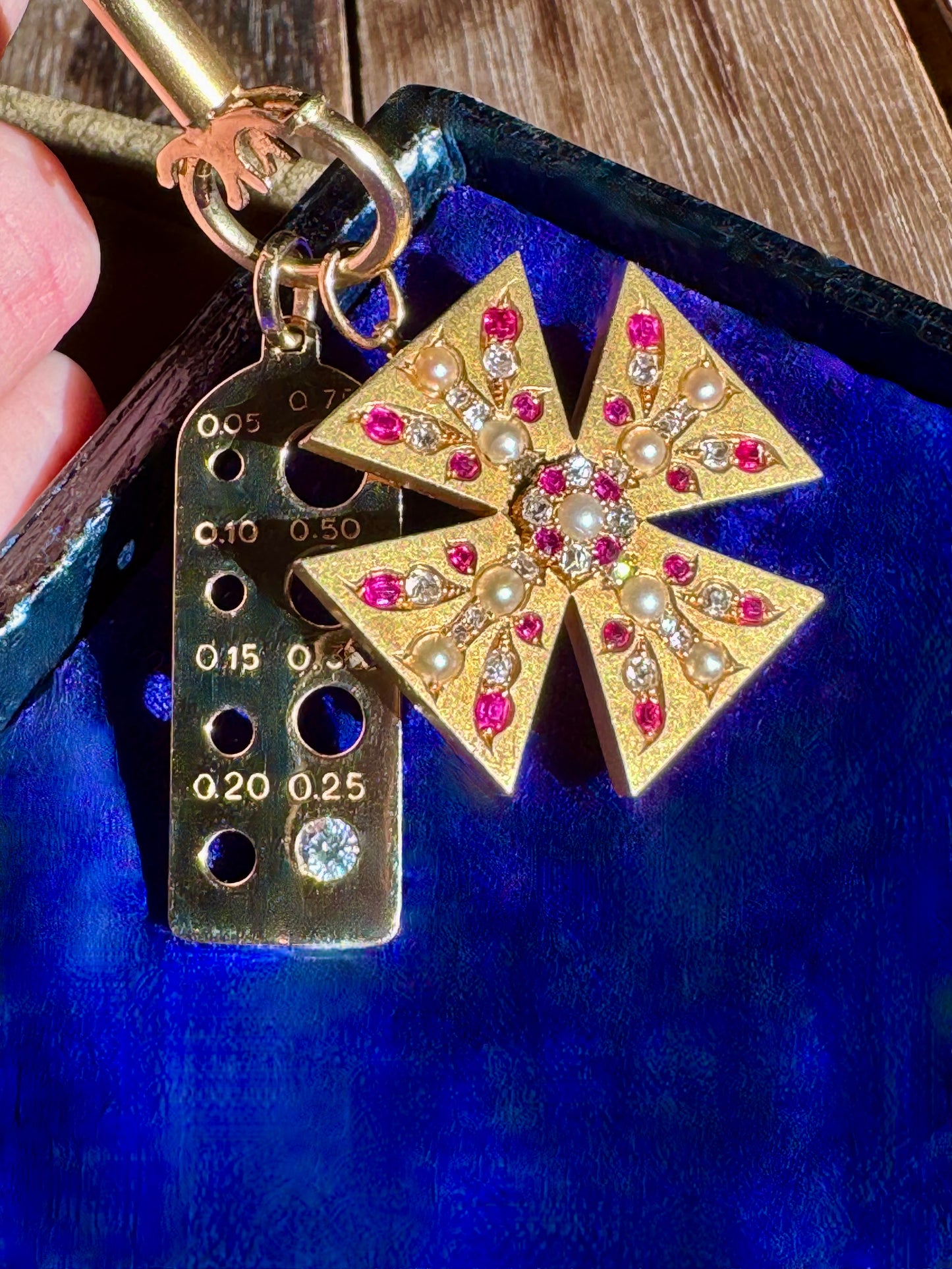 Victorian 15ct Gold, Ruby, Diamond and Pearl Maltese Cross Pendant