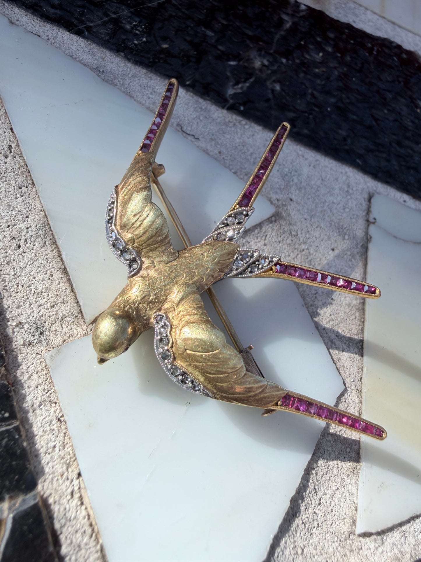 SOLD - Victorian Ruby and Diamond Swallow Brooch