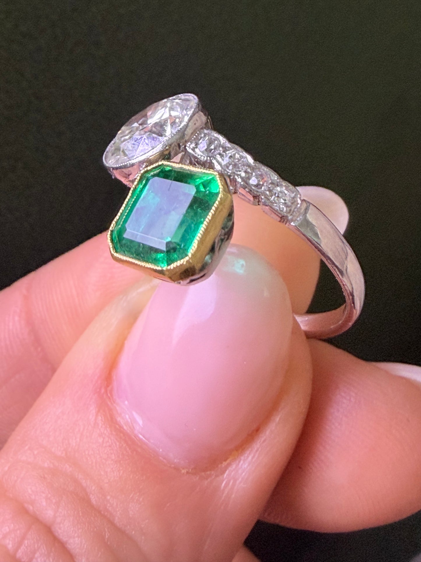 Art Deco Emerald and Diamond Toi et Moi Ring