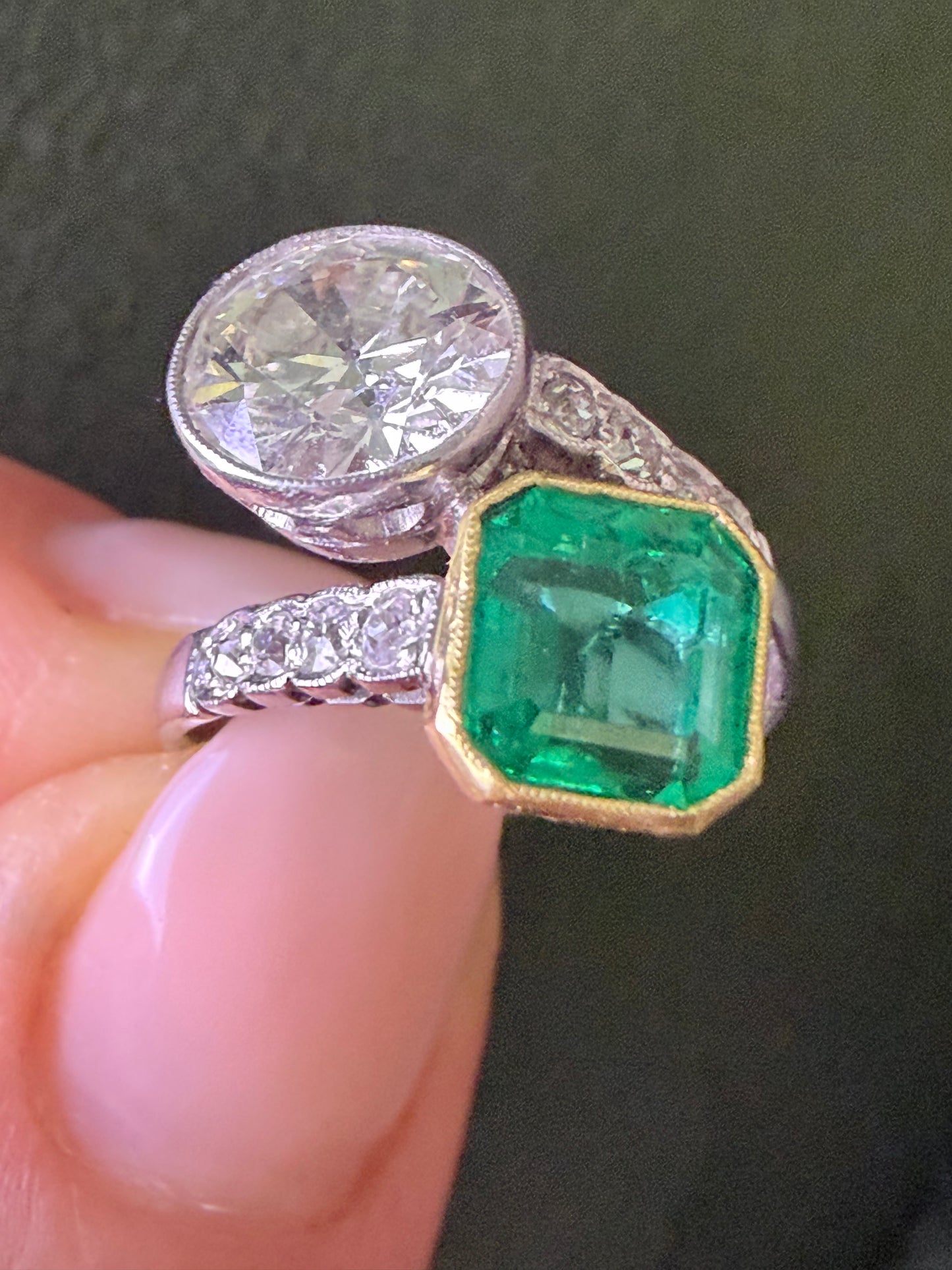 Art Deco Emerald and Diamond Toi et Moi Ring