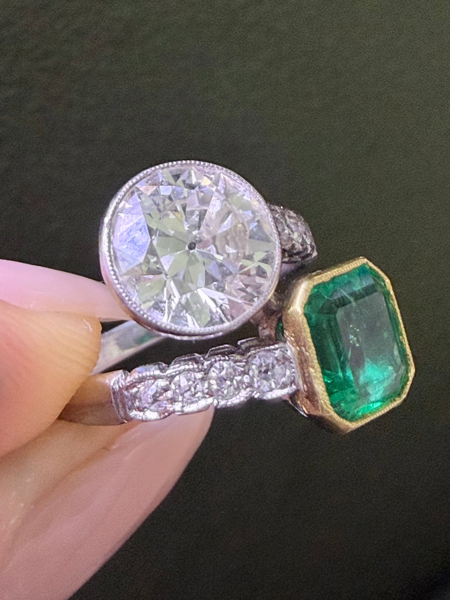 Art Deco Emerald and Diamond Toi et Moi Ring