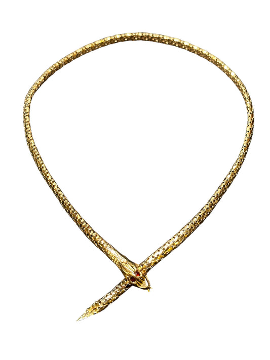 Vintage 18k Italian Yellow Gold Garnet Snake Ouroboros Necklace