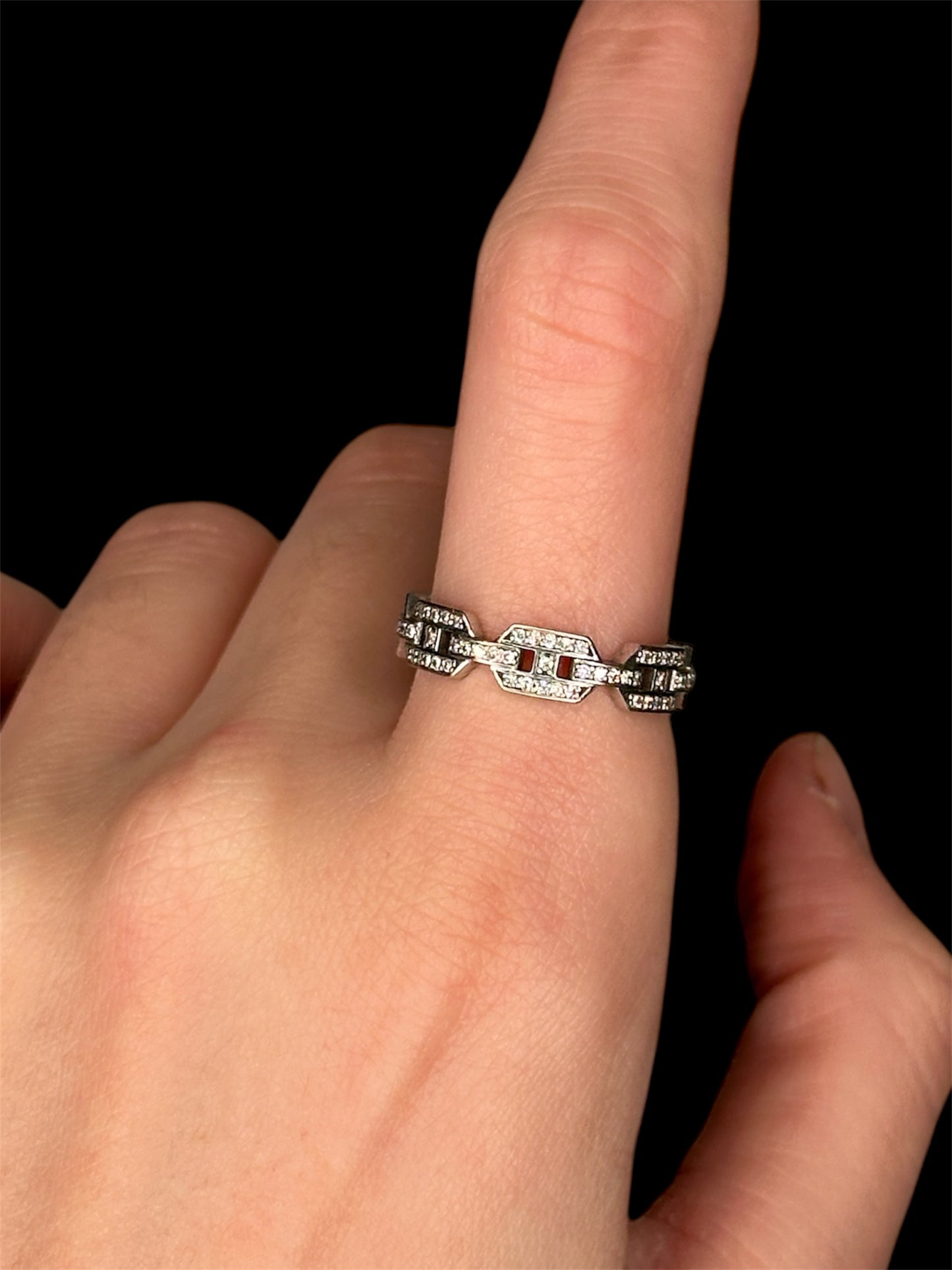 Estate 14k White Gold Pave Diamond Link Ring