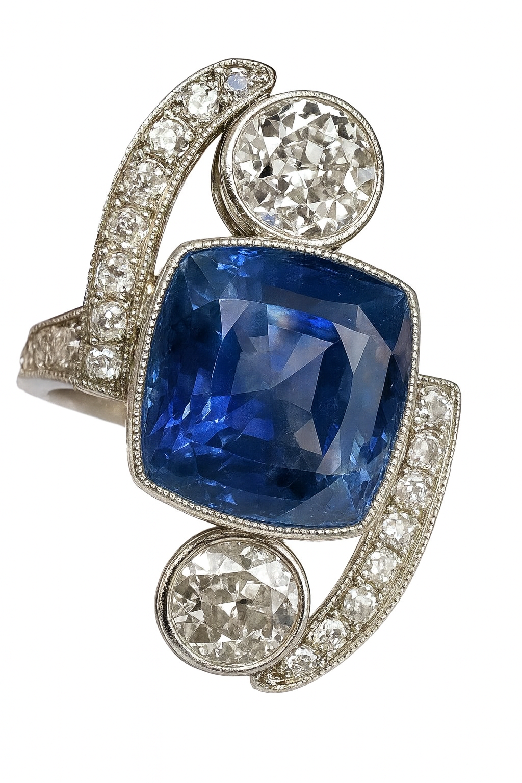 Art Deco Unheated Ceylon Sapphire and Diamond Cocktail Ring