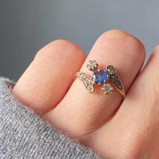 Antique Sapphire and Diamond Bypass Ring