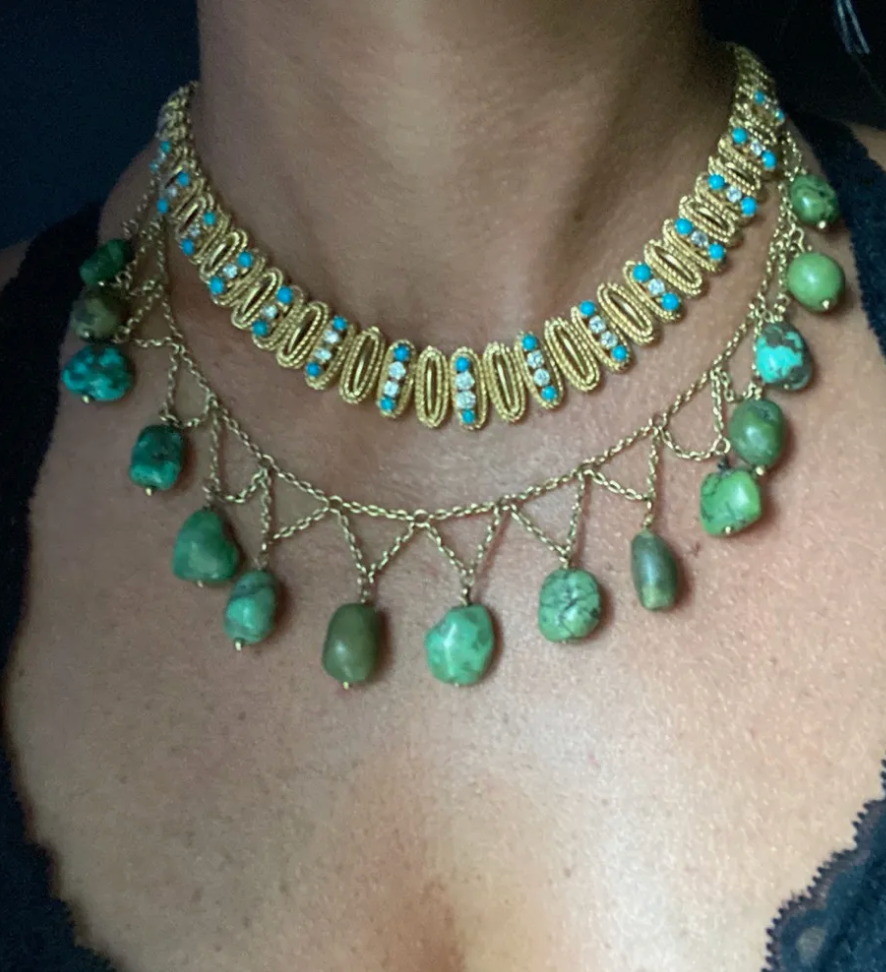 Mid Century 18k, Diamond, and Turquoise Collar Necklace