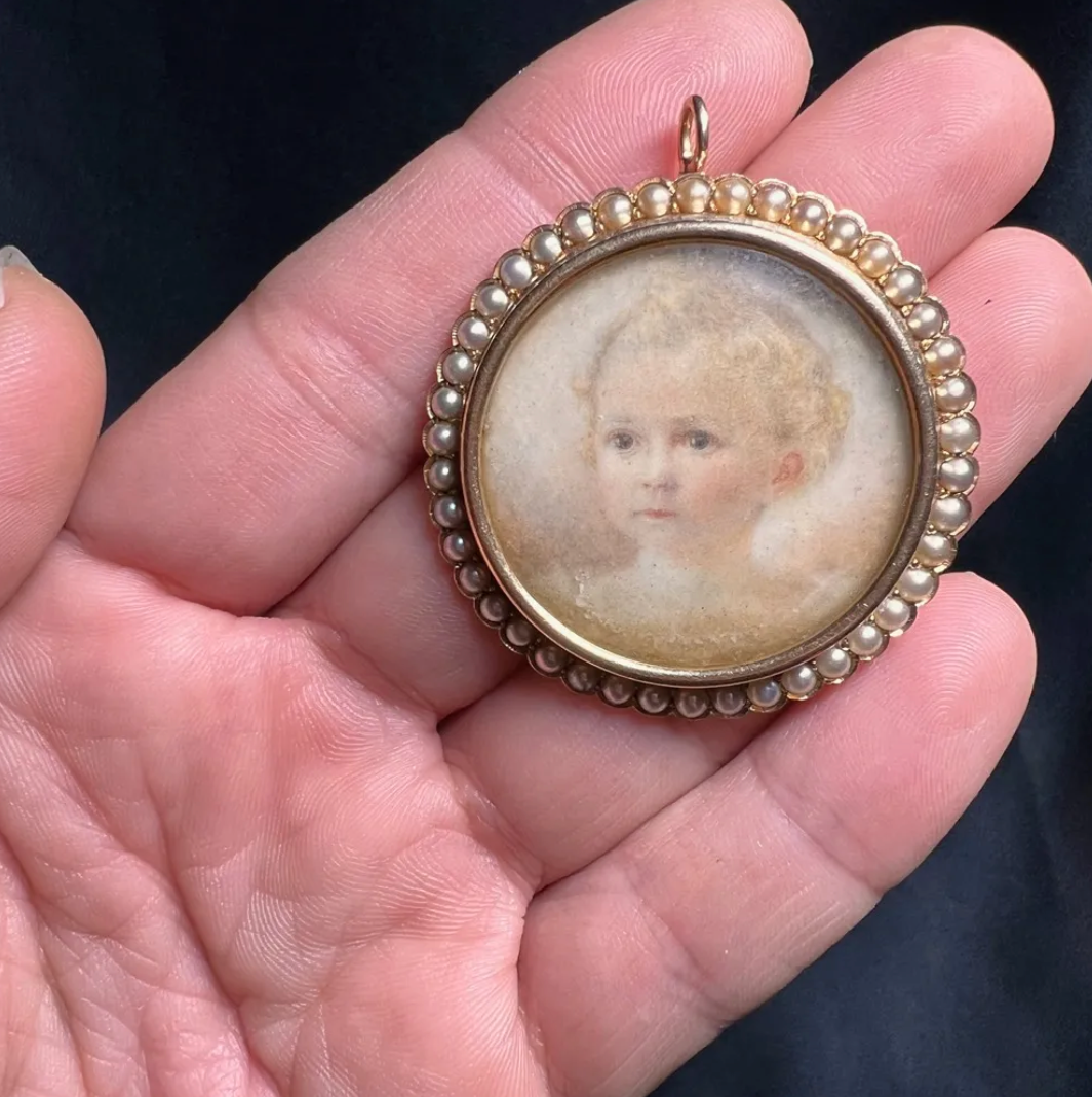 Antique Child Portrait Brooch or Pendant with Pearls