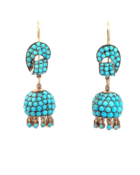 Antique 14k Gold, Turquoise and Silver Chandelier Earrings