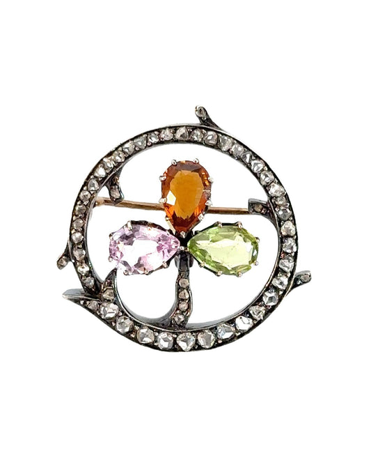 Antique Diamond and Gemstone Trefoil Brooch