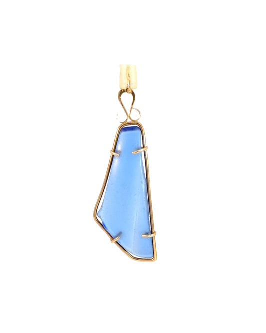 Vintage 14k Yellow Gold Blue Sea Glass Pendant