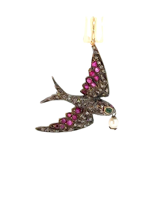 Early Victorian Gold, Silver, Diamond and Gemstone Swallow Pendant