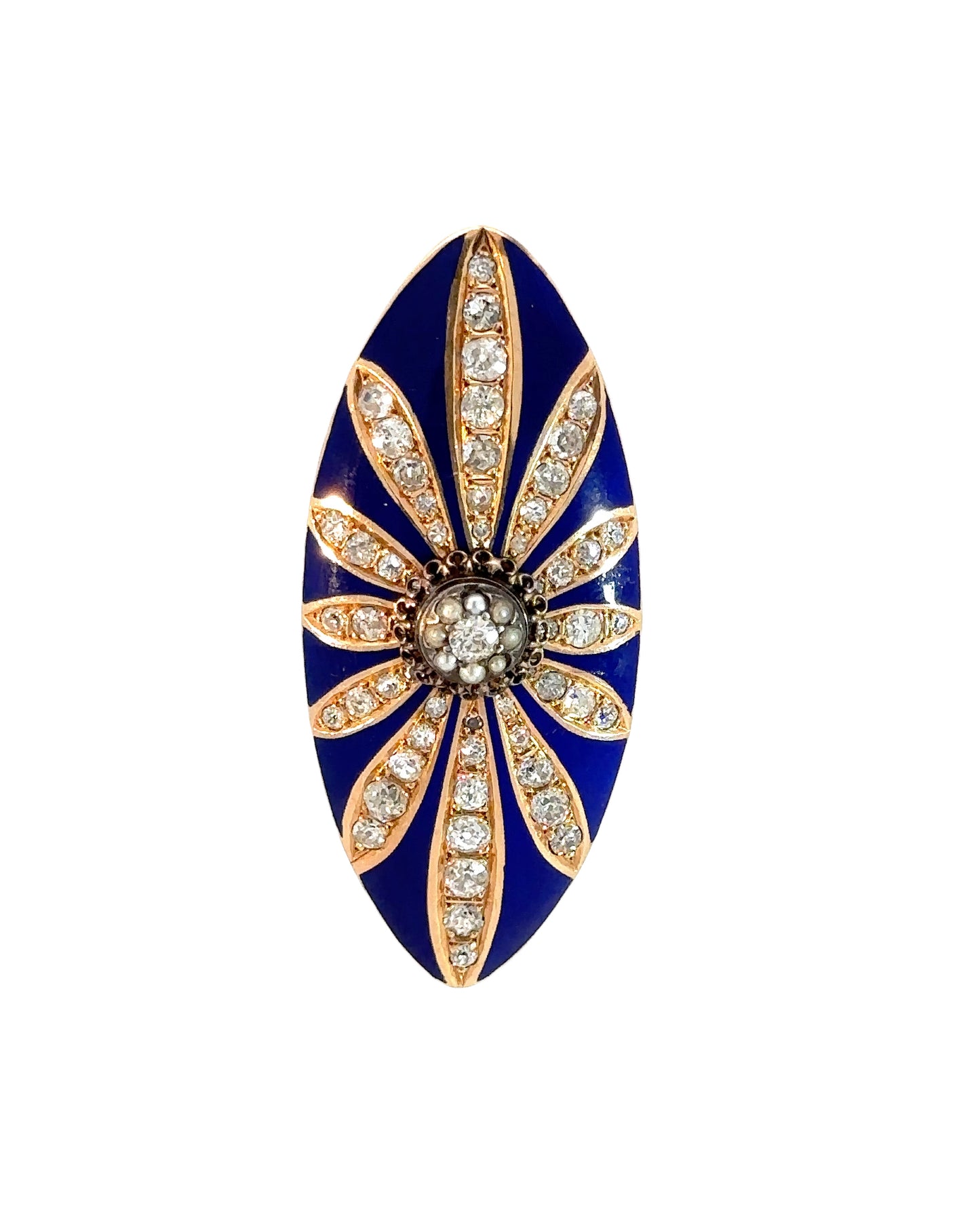 Antique Diamond, Blue Enamel and 14k Yellow Gold Brooch