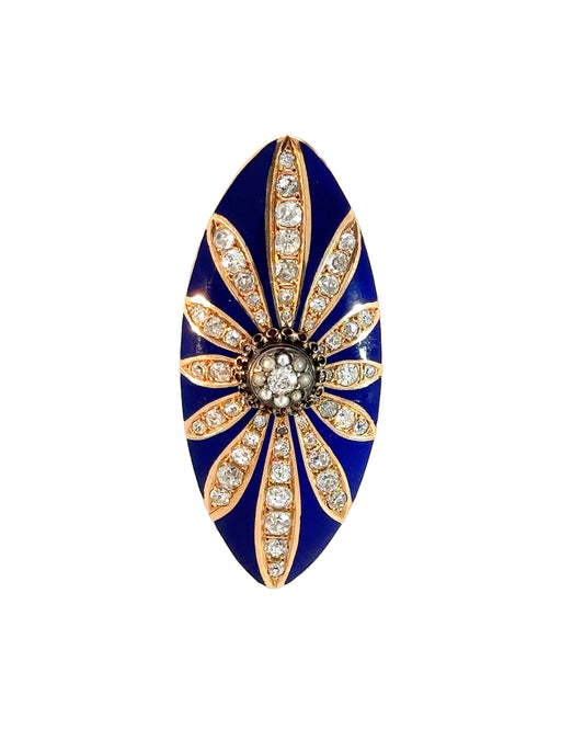 Antique Diamond, Blue Enamel and 14k Yellow Gold Brooch