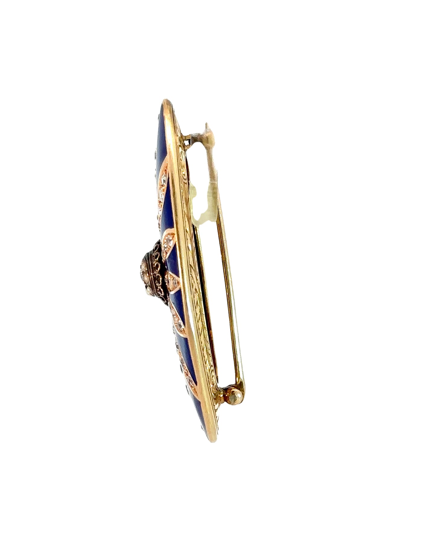 Antique Diamond, Blue Enamel and 14k Yellow Gold Brooch