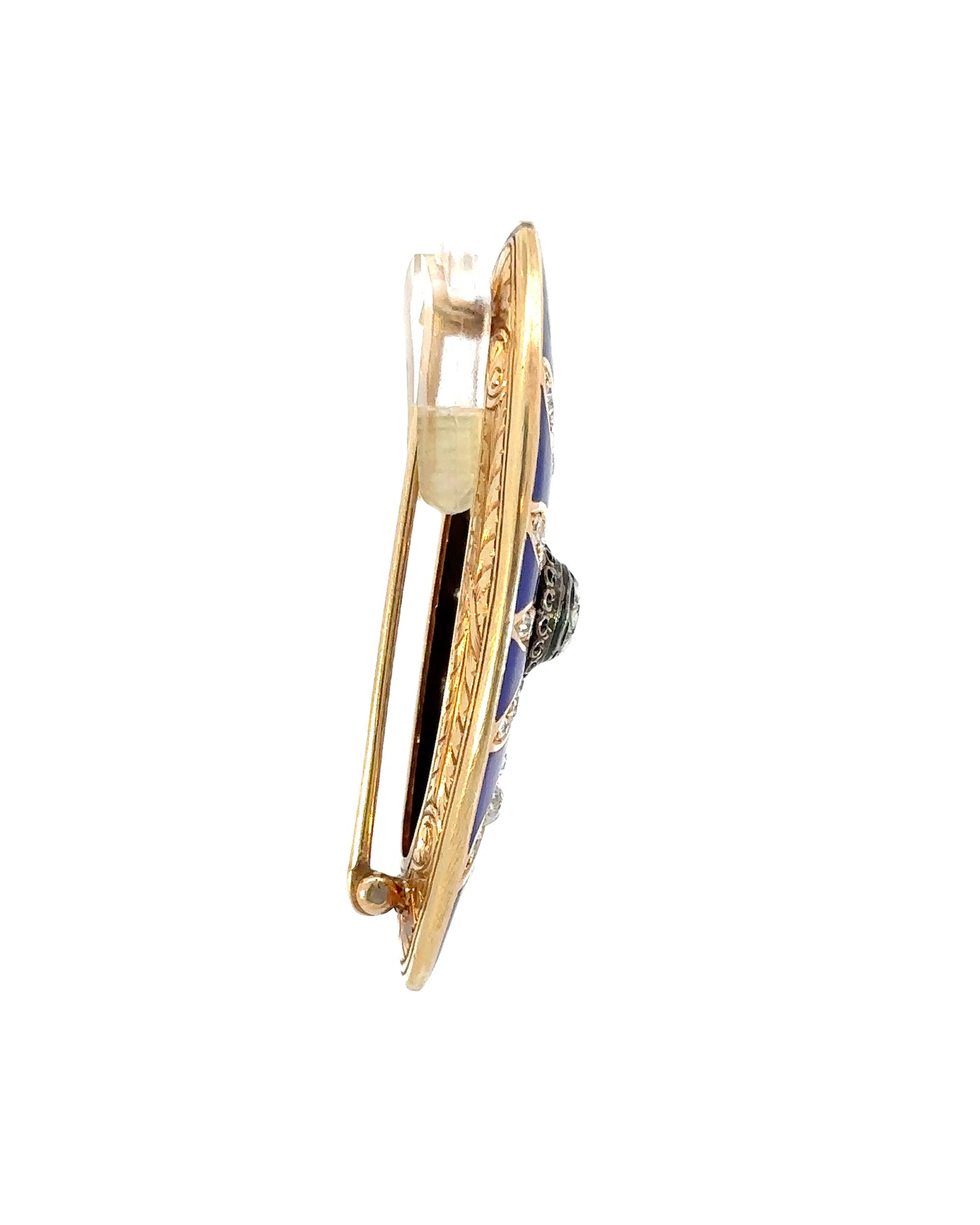 Antique Diamond, Blue Enamel and 14k Yellow Gold Brooch