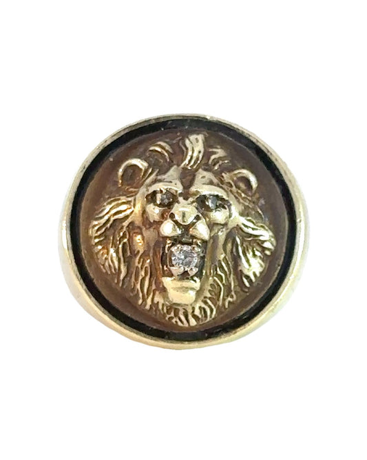 Vintage 14k Yellow Gold Enamel and Diamond Lion Head Ring