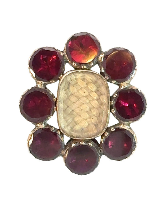 Georgian Foiled Garnet Mourning Woven Hair Brooch