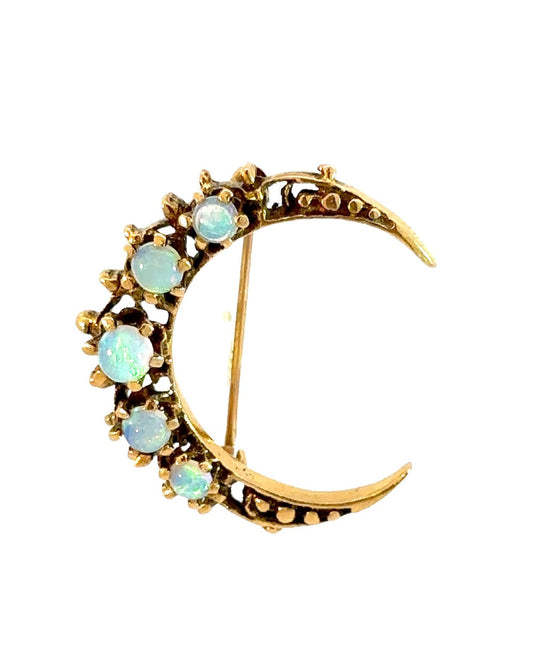 Antique 14k Yellow Gold Opal Crescent Brooch