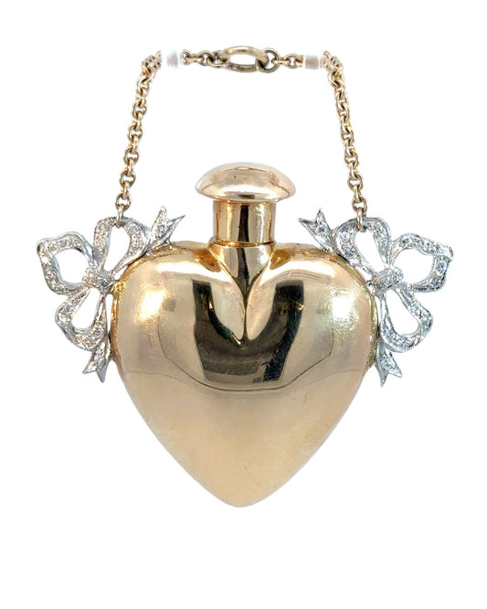 Estate Diamond and 14k Gold Bowed Heart Perfume Bottle Pendant