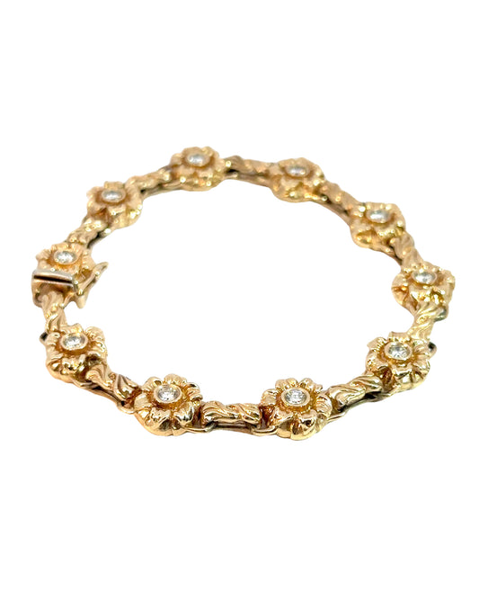 Vintage 14k Yellow Gold and Diamond Flower Bracelet